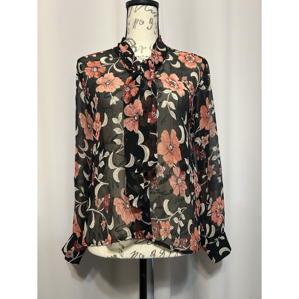 Talbots Silk Blouse Black Floral Tie Neck Sheer Size 8 Petite Career